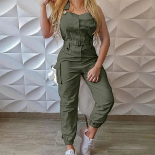 Jumpsuit High Waist Cargo  Slim Trendy Casual Pocket Halter Overall WoSPECIFICATIONSBrand Name: NoEnName_NullStyle: CasualOrigin: Mainland ChinaCN: GuangdongMaterial: POLYESTERDecoration: noneFabric Type: BroadclothPattern Type: SolidPDMEwomenstorenull