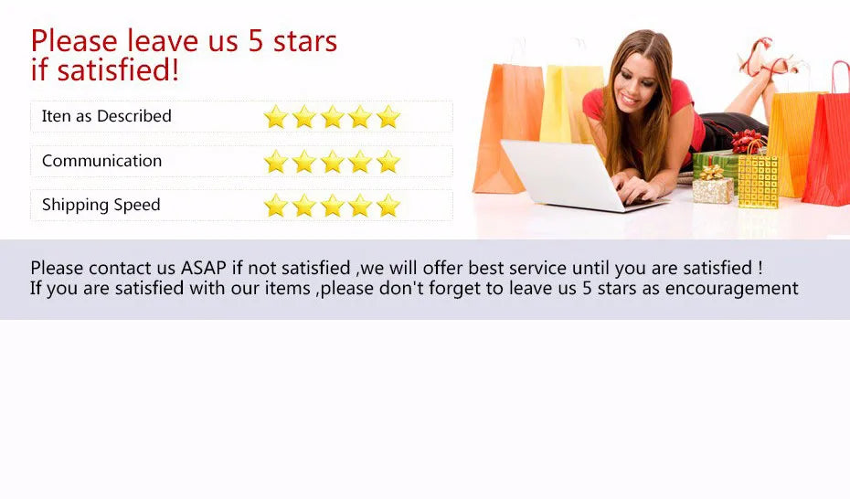 Customer satisfaction rating request with a woman lying by shopping bags, promoting 5-star feedback.