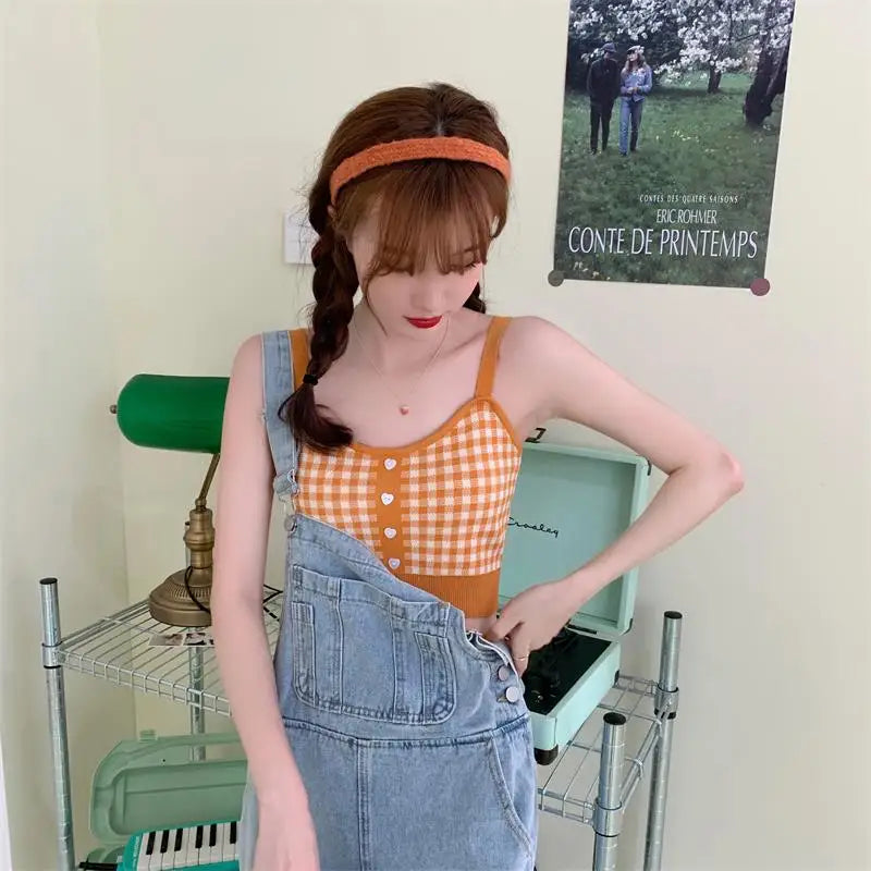 Girl Crop Top Women Plaid Buttons Club Sexy Slim Knitting Female Tank SPECIFICATIONSBrand Name: JEYONGZOOOrigin: Mainland ChinaMaterial: COTTONMaterial: AcrylicDecoration: ButtonClothing Length: short（4-16inch）Age: 16-28 Years OldItem DMEwomenstorenull