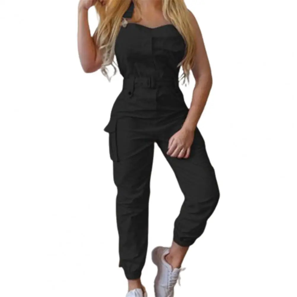 Jumpsuit High Waist Cargo  Slim Trendy Casual Pocket Halter Overall WoSPECIFICATIONSBrand Name: NoEnName_NullStyle: CasualOrigin: Mainland ChinaCN: GuangdongMaterial: POLYESTERDecoration: noneFabric Type: BroadclothPattern Type: SolidPDMEwomenstorenull