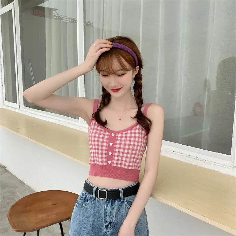 Girl Crop Top Women Plaid Buttons Club Sexy Slim Knitting Female Tank SPECIFICATIONSBrand Name: JEYONGZOOOrigin: Mainland ChinaMaterial: COTTONMaterial: AcrylicDecoration: ButtonClothing Length: short（4-16inch）Age: 16-28 Years OldItem DMEwomenstorenull