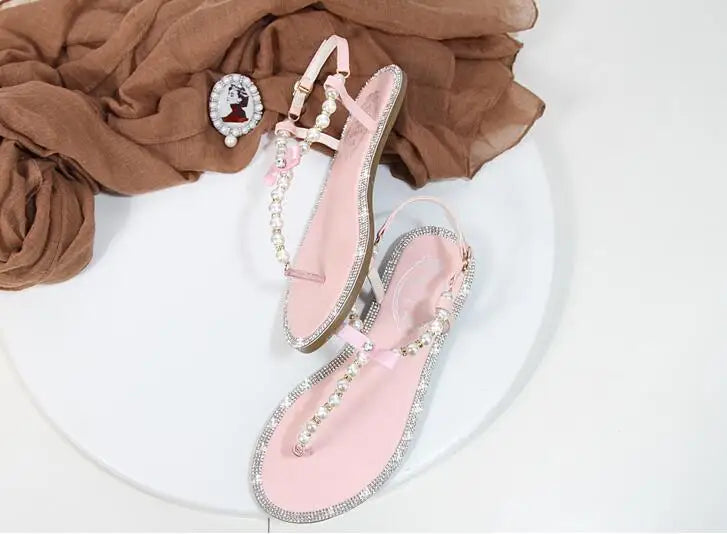 Shoes flat pearl sandals comfortable string bead beach slippers casualSPECIFICATIONSDepartment Name: ADULTBrand Name: Yue JabonModel Number: 11752Side Vamp Type: OpenBack Counter Type: Ankle StrapStyle: fashionFashion Element: String BDMEwomenstorenull