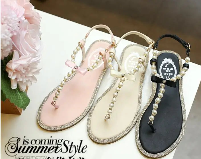 Shoes flat pearl sandals comfortable string bead beach slippers casualSPECIFICATIONSDepartment Name: ADULTBrand Name: Yue JabonModel Number: 11752Side Vamp Type: OpenBack Counter Type: Ankle StrapStyle: fashionFashion Element: String BDMEwomenstorenull