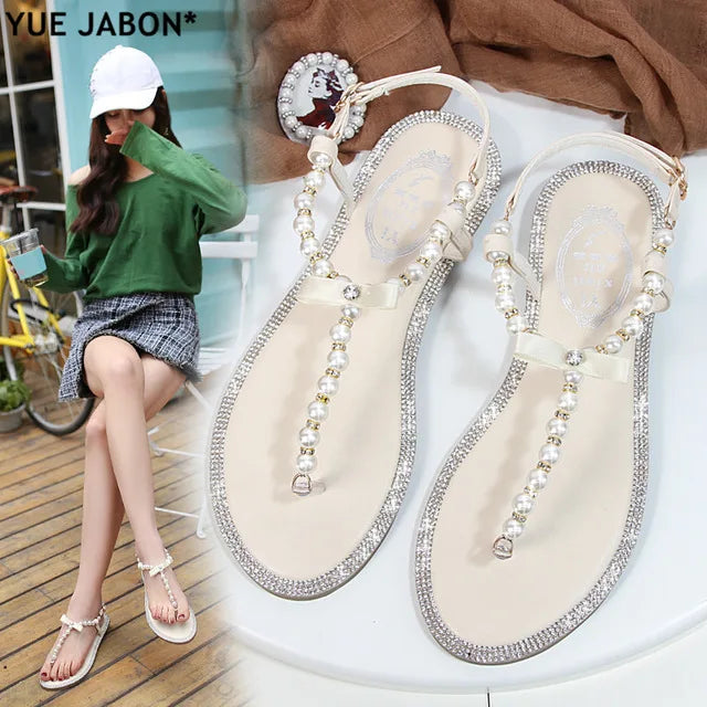 Shoes flat pearl sandals comfortable string bead beach slippers casualSPECIFICATIONSDepartment Name: ADULTBrand Name: Yue JabonModel Number: 11752Side Vamp Type: OpenBack Counter Type: Ankle StrapStyle: fashionFashion Element: String BDMEwomenstorenull