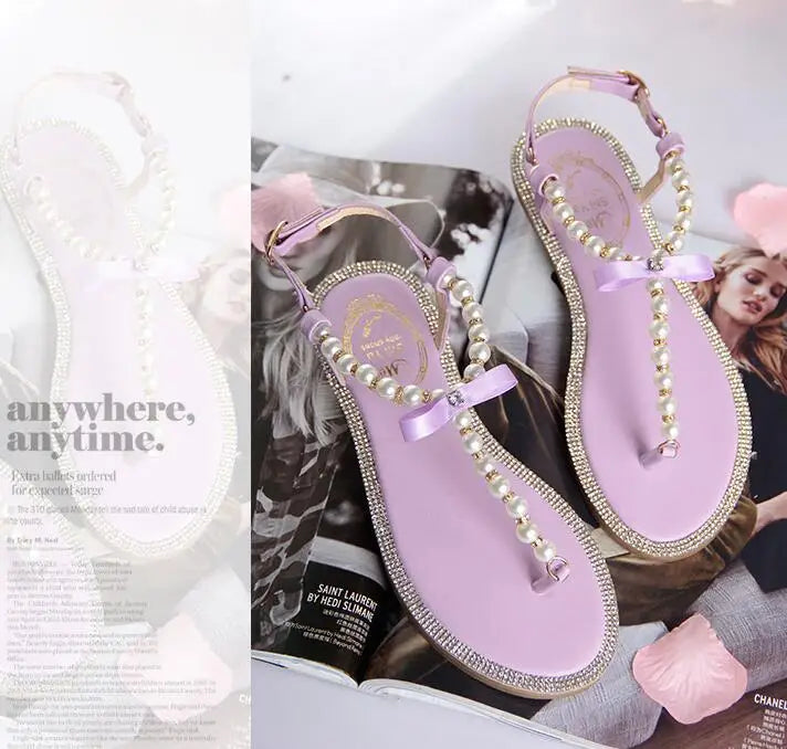 Shoes flat pearl sandals comfortable string bead beach slippers casualSPECIFICATIONSDepartment Name: ADULTBrand Name: Yue JabonModel Number: 11752Side Vamp Type: OpenBack Counter Type: Ankle StrapStyle: fashionFashion Element: String BDMEwomenstorenull