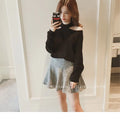 Top- Women's Casual Solid Loose Sweaters Female Sexy Halter Slash