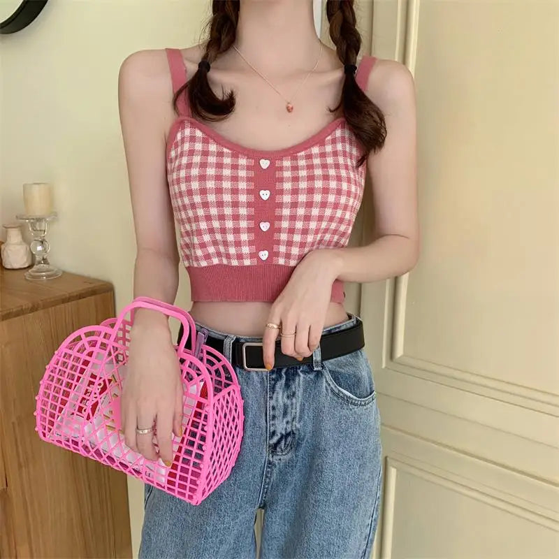 Girl Crop Top Women Plaid Buttons Club Sexy Slim Knitting Female Tank SPECIFICATIONSBrand Name: JEYONGZOOOrigin: Mainland ChinaMaterial: COTTONMaterial: AcrylicDecoration: ButtonClothing Length: short（4-16inch）Age: 16-28 Years OldItem DMEwomenstorenull