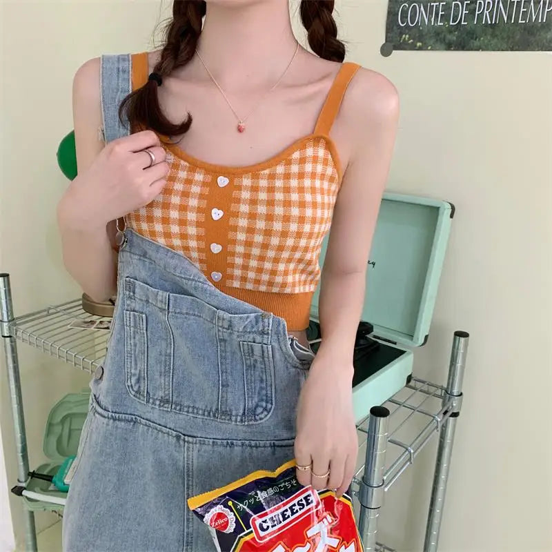 Girl Crop Top Women Plaid Buttons Club Sexy Slim Knitting Female Tank SPECIFICATIONSBrand Name: JEYONGZOOOrigin: Mainland ChinaMaterial: COTTONMaterial: AcrylicDecoration: ButtonClothing Length: short（4-16inch）Age: 16-28 Years OldItem DMEwomenstorenull