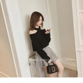 Top- Women's Casual Solid Loose Sweaters Female Sexy Halter Slash