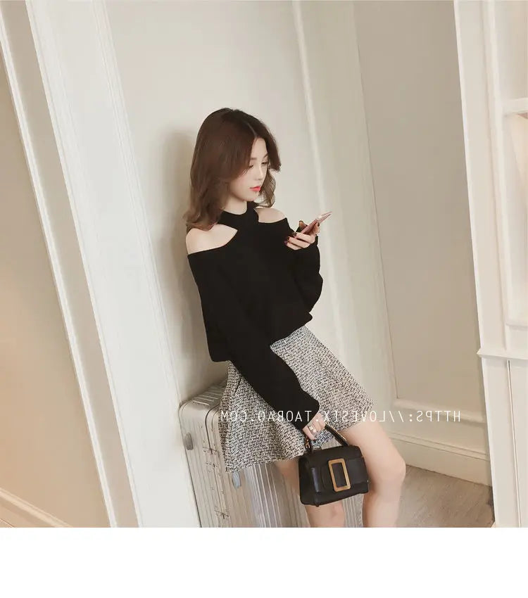 Top- Women's Casual Solid Loose Sweaters Female Sexy Halter Slash