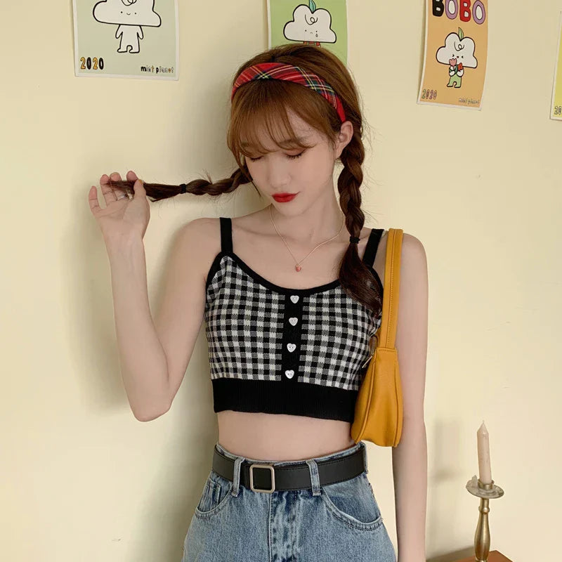 Girl Crop Top Women Plaid Buttons Club Sexy Slim Knitting Female Tank SPECIFICATIONSBrand Name: JEYONGZOOOrigin: Mainland ChinaMaterial: COTTONMaterial: AcrylicDecoration: ButtonClothing Length: short（4-16inch）Age: 16-28 Years OldItem DMEwomenstorenull