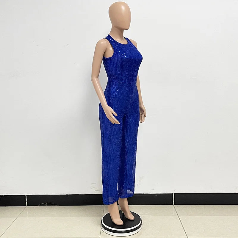 Sleeveless Sequined Jumpsuit Round Neck Slim Fit High Waist Sexy Sprin