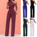 Sexy One Shoulder Jumpsuit Sleeveless Belt Wide Leg Elegant Lady New SSPECIFICATIONSAge: MIDDLE AGEBrand Name: SANWOODCN: GuangdongCraft of Weaving: OtherDecoration: PocketsFabric Type: BroadclothFabric content: 96% and aboveFit Type: DMEwomenstorenull