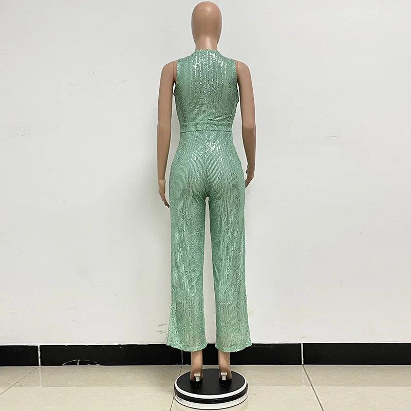 Sleeveless Sequined Jumpsuit Round Neck Slim Fit High Waist Sexy SprinSPECIFICATIONSBrand Name: mandylandyStyle: StreetwearAge: MIDDLE AGEOrigin: Mainland ChinaCN: GuangdongSeason: SummerMaterial: POLYESTERDecoration: SequinedFabric TyDMEwomenstorenull