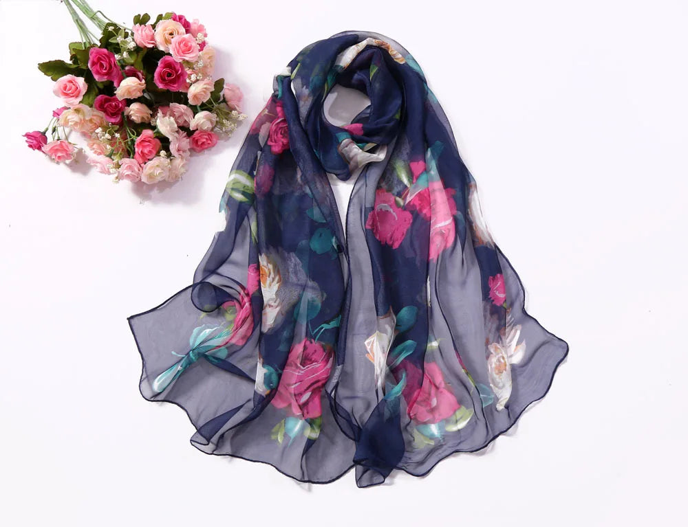 Scarf Women Foulard Shawl Bandana Elegant Beach Sun ProtectionSPECIFICATIONSDepartment Name: ADULTSize: 50*160cm(1cm=0.39in)pattern: RoseApply to season: Spring,Autumn,summerStyle: ElegantColor: Red,Black,Navy blueBrand Name: NDMEwomenstorenull