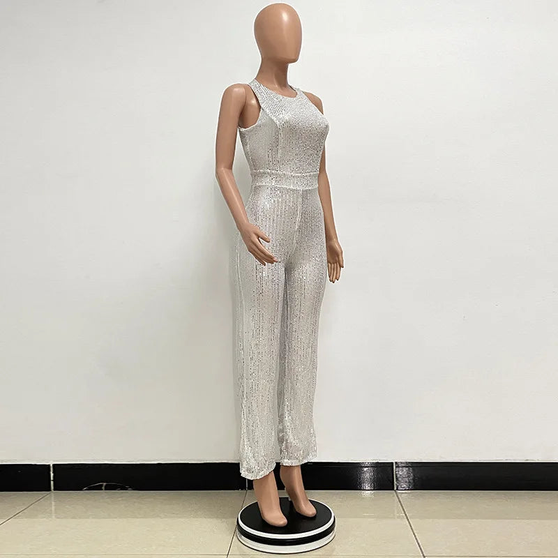 Sleeveless Sequined Jumpsuit Round Neck Slim Fit High Waist Sexy Sprin