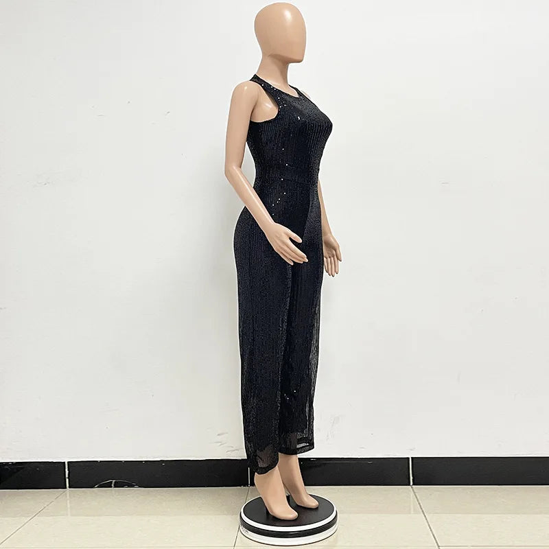 Sleeveless Sequined Jumpsuit Round Neck Slim Fit High Waist Sexy SprinSPECIFICATIONSBrand Name: mandylandyStyle: StreetwearAge: MIDDLE AGEOrigin: Mainland ChinaCN: GuangdongSeason: SummerMaterial: POLYESTERDecoration: SequinedFabric TyDMEwomenstorenull