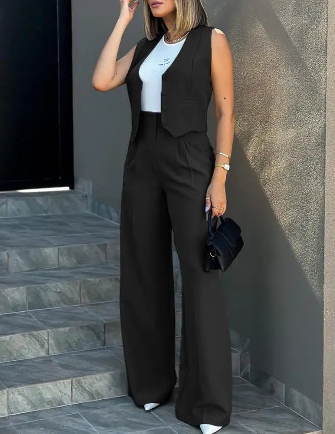 Women's casual slim blazer pant set with notched collar and sleeveless waistcoat.