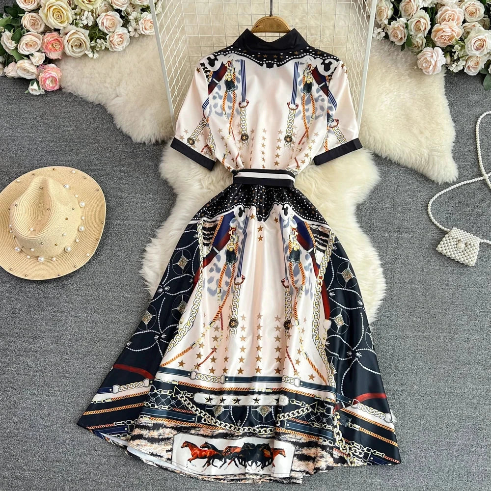 Vintage Short Sleeve Lapel Shirt Dress Women's Star Chain Horse PrinteSPECIFICATIONSBrand Name: HAMALIELElasticity: Non StrechSleeve Style: regularFabric Type: POLYESTERPattern Type: PrintFit Type: Regulai FitSilhouette: A-LINENecklineDMEwomenstorenull