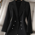 Triple-breasted black blazer for women with notched collar and button details.