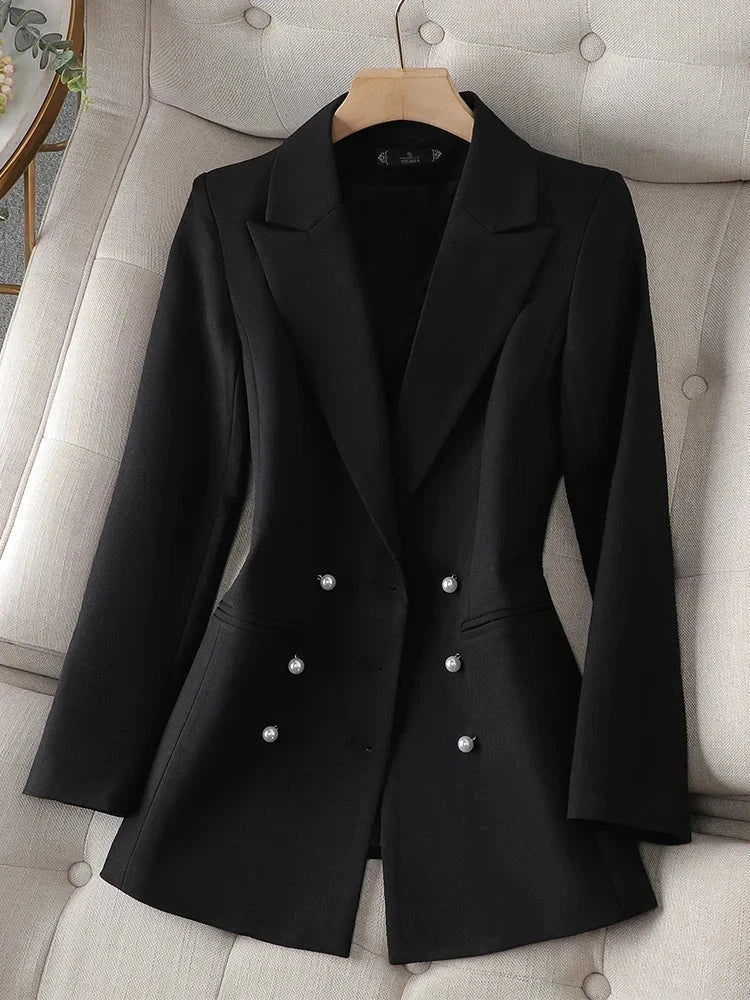 Triple-breasted black blazer for women with notched collar and button details.