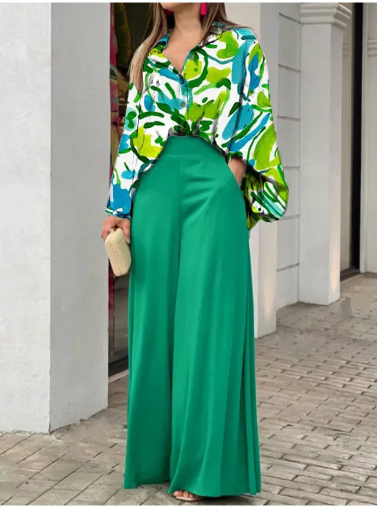 2-Pieces Set Print Blouse Solid High Waist Wide Leg Pants Elegant Lady