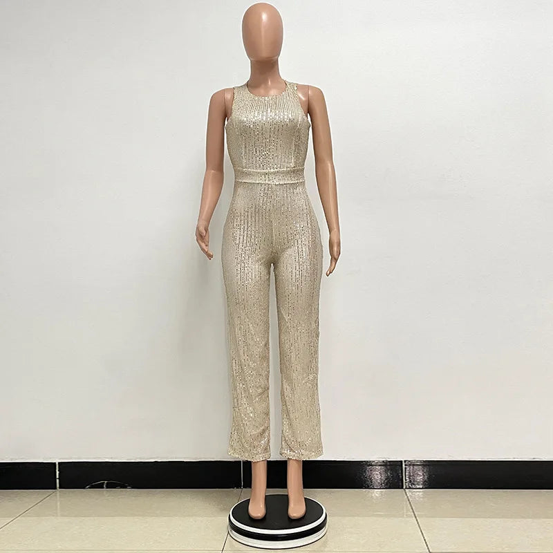 Sleeveless Sequined Jumpsuit Round Neck Slim Fit High Waist Sexy Sprin