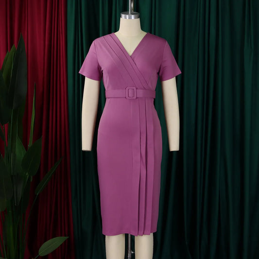 Office Dresses for Women V Neck Short Sleeve Belt Waisted Pleated Mid SPECIFICATIONSBrand Name: NoEnName_NullElasticity: Slight StrechSleeve Style: regularFabric Type: POLYESTERHign-concerned Chemical: NonePattern Type: SolidFit Type: DMEwomenstorenull