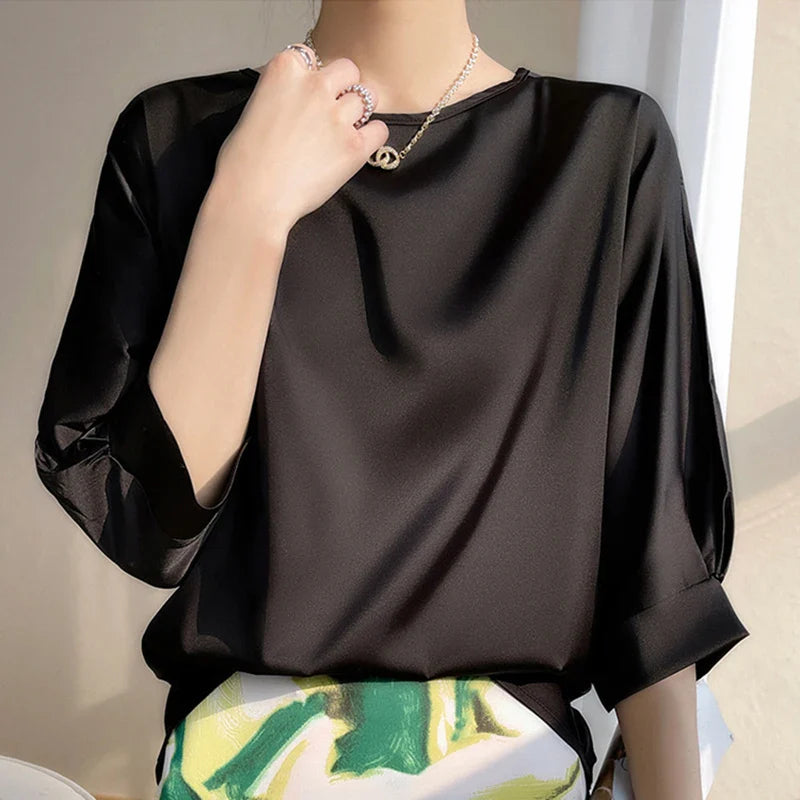 Blouse- Silk Half-Sleeve Tops Basic Solid Women Shirt Casual O-neck