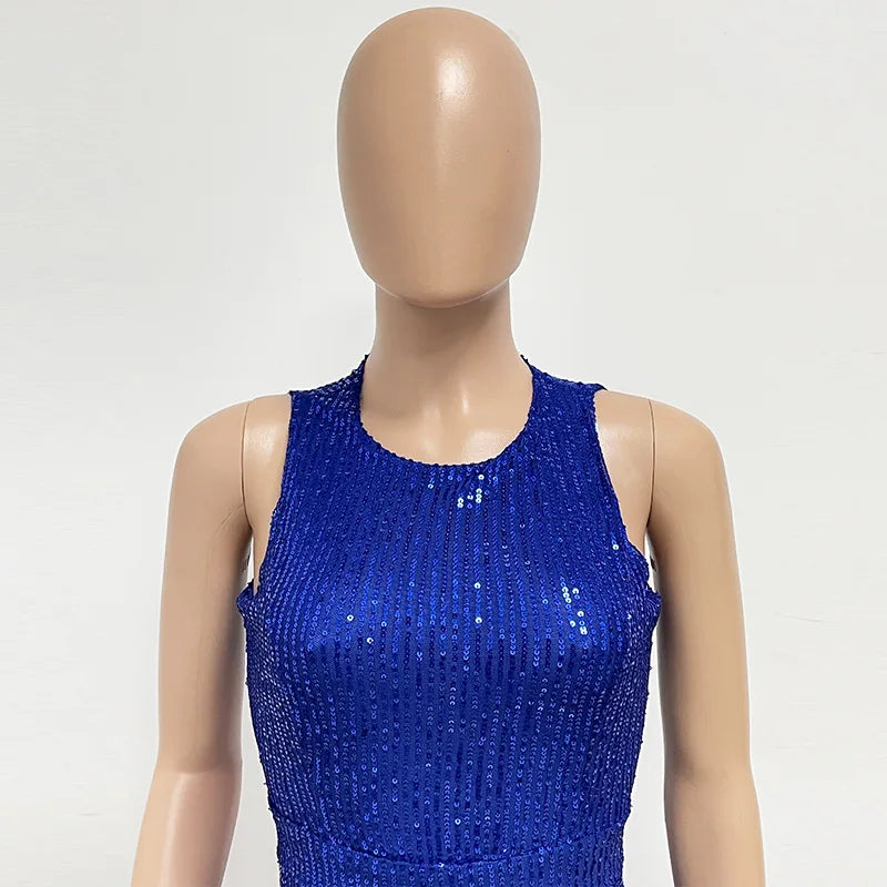 Sleeveless Sequined Jumpsuit Round Neck Slim Fit High Waist Sexy Sprin