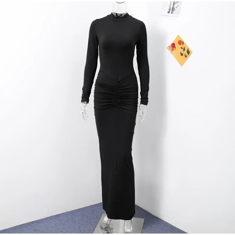 Elegant Sexy Long Dress Women Slim Round Neck Long Sleeves Fold Robe FSPECIFICATIONSWaistline: empireSupport: Wholesale &amp; Dropshipping27/300: 7/60Sleeve Style: regularSleeve Length(cm): FullBrand Name: hfwomenfzCraft of Weaving: TADMEwomenstorenull