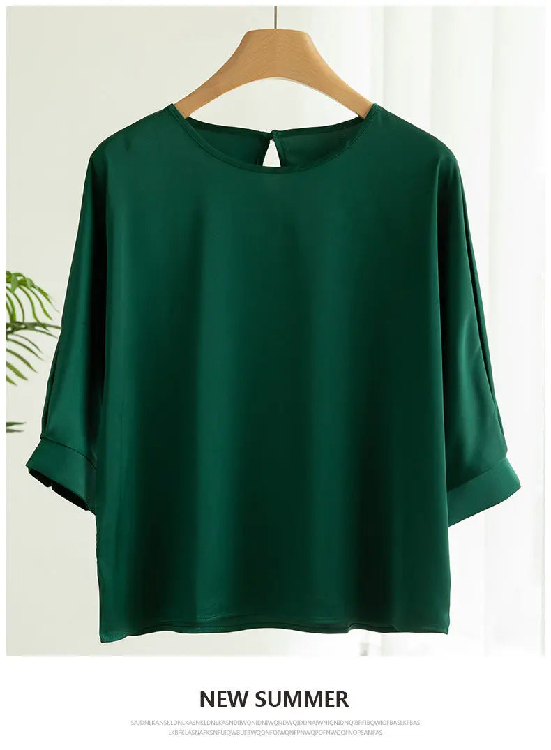 Blouse- Silk Half-Sleeve Tops Basic Solid Women Shirt Casual O-neck