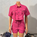 2 Pieces Set Short Sleeve Crop Top & Shorts pocket design shorts