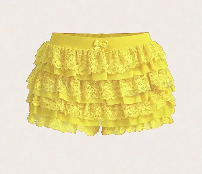 Women's Sweet Bow Lace Ruffles Shorts  Aesthetic Elastic Waist Short PSPECIFICATIONSBrand Name: hiriginDecoration: BOWDecoration: RUFFLESDecoration: TierredFabric Type: BroadclothHign-concerned Chemical: NonePant Style: regularPattern DMEwomenstorenull