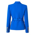 Luxury classic style women's blue blazer with gold buttons, double-breasted, office wear