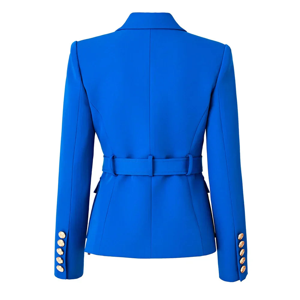 Luxury classic style women's blue blazer with gold buttons, double-breasted, office wear