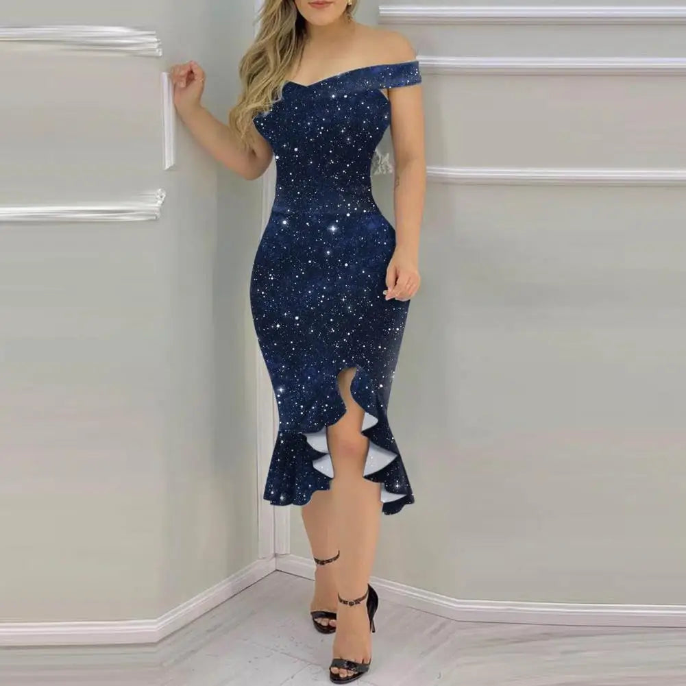 Bodycon Dress Formal Dress Off Shoulder Irregular SleevelessSPECIFICATIONSBrand Name: SANWOODElasticity: Slight StrechSleeve Style: regularFabric Type: Chemical FiberPattern Type: PrintFit Type: SlimSilhouette: SheathNecklineDMEwomenstorenull