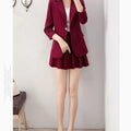 Elegant maroon blazer and A-line skirt suit for women.