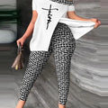 Printed Two-piece Set With Slit  Irregular Sloped Collar Top T-shirt 