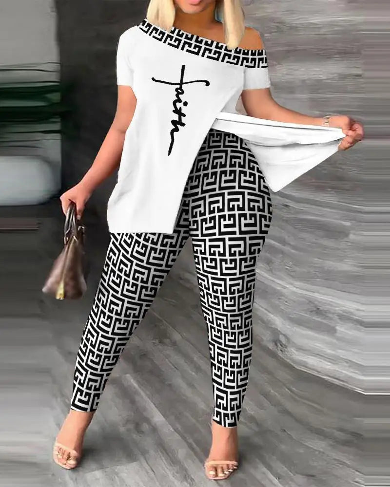 Printed Two-piece Set With Slit  Irregular Sloped Collar Top T-shirt 