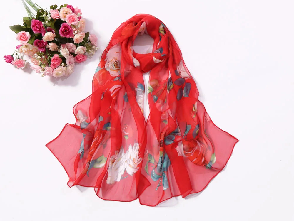 Scarf Women Foulard Shawl Bandana Elegant Beach Sun ProtectionSPECIFICATIONSDepartment Name: ADULTSize: 50*160cm(1cm=0.39in)pattern: RoseApply to season: Spring,Autumn,summerStyle: ElegantColor: Red,Black,Navy blueBrand Name: NDMEwomenstorenull