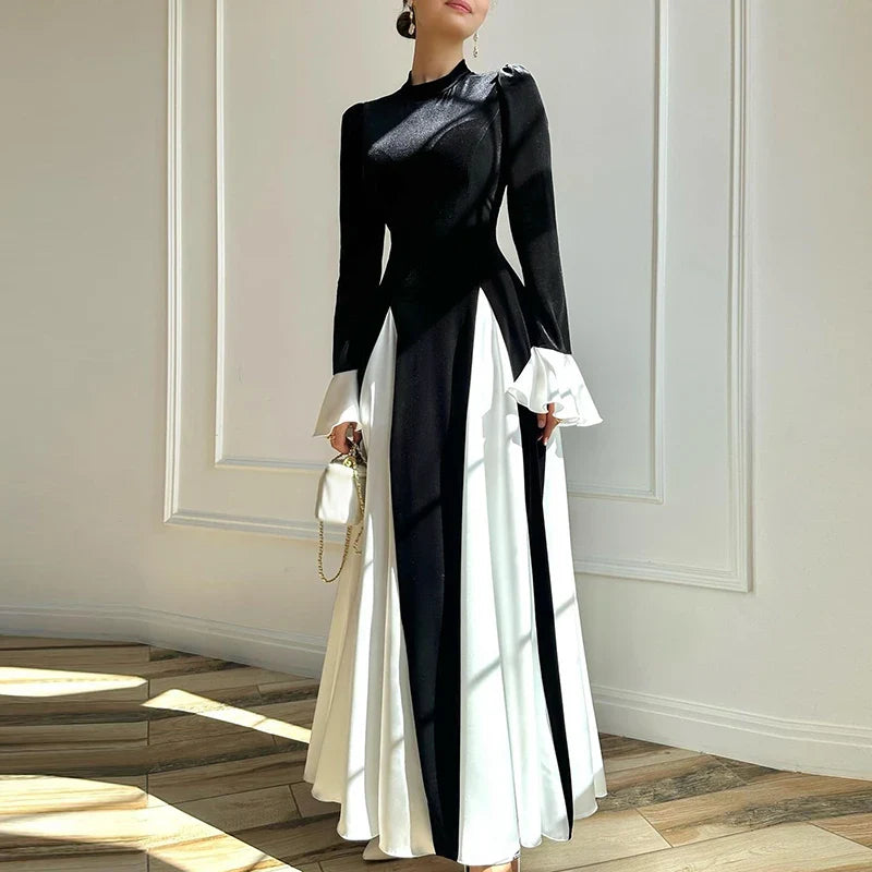 Pleated Dress Color Blocked Flared Sleeves Ladies Elegant Patchwork 