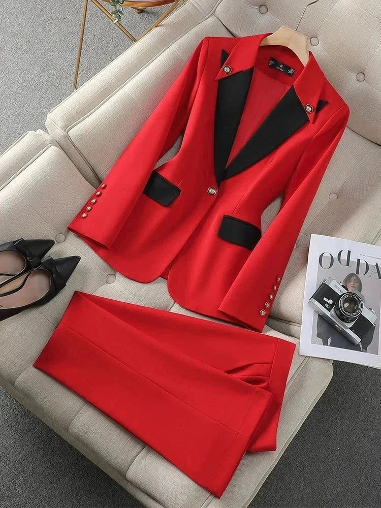 Elegant Red Black Beige Women's Pantsuit Set