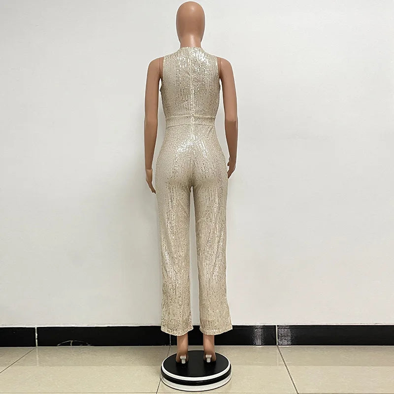 Sleeveless Sequined Jumpsuit Round Neck Slim Fit High Waist Sexy Sprin