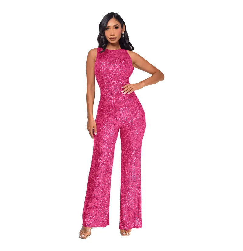 Sleeveless Sequined Jumpsuit Round Neck Slim Fit High Waist Sexy Sprin