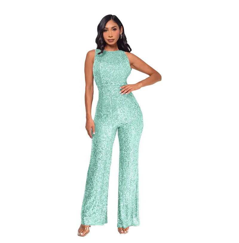 Sleeveless Sequined Jumpsuit Round Neck Slim Fit High Waist Sexy Sprin