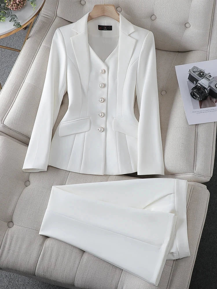 Fashion White Red Black Blazer Jacket And Pant Suit Trousers Women 