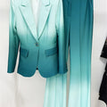 Gradient green women's suit set with blazer and pants, slim fit, formal style.