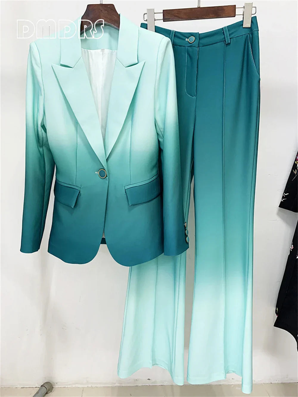 Gradient green women's suit set with blazer and pants, slim fit, formal style.