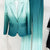 Gradient green women's suit set with blazer and pants, slim fit, formal style.